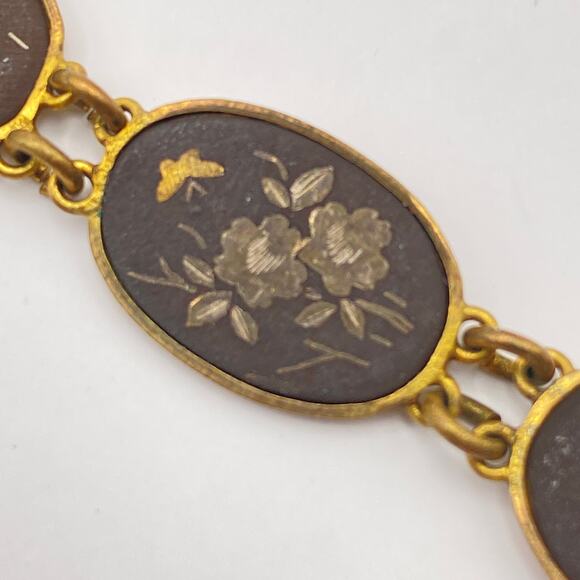 Signed JAPAN Bracelet Vge Japanese Damascene Nature Scenes 1950s Black Gold Tone - Picture 10 of 16